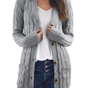 Dokotoo Women’s Gray Cable Knit Cardigan Button Down Sweater with Pockets